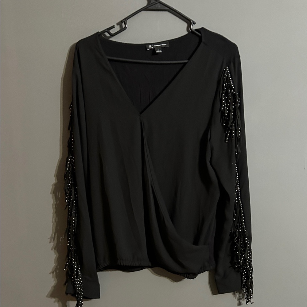 INC International Concepts Black Beaded Sleeve Blouse